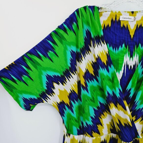 Calvin Klein Dress 16 Faux Wrap Dolman Sleeve Colorful Ikat Surplice Short Plus - Picture 3 of 11
